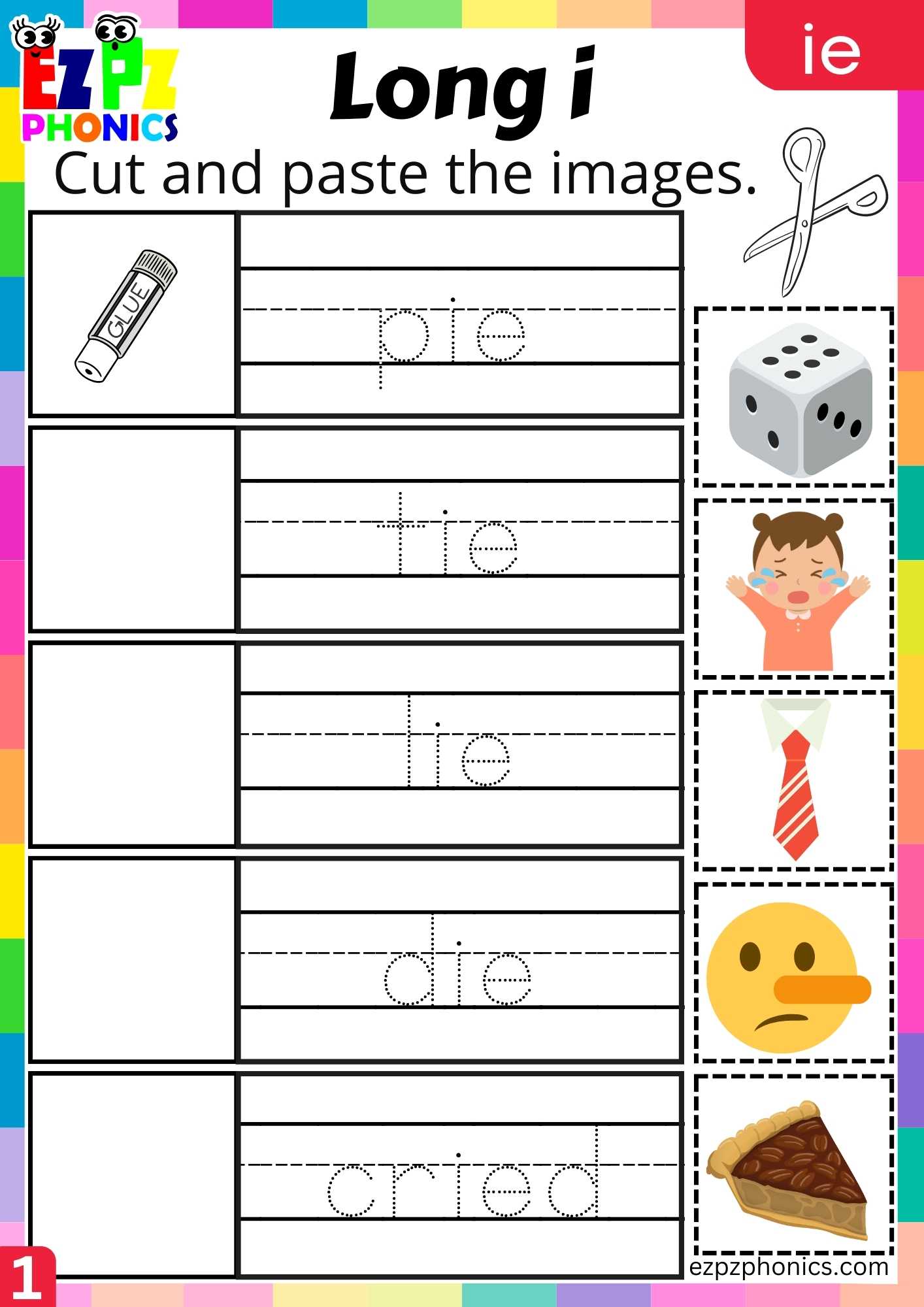 IE Words Cut And Paste The Images Long I Phonics Worksheet